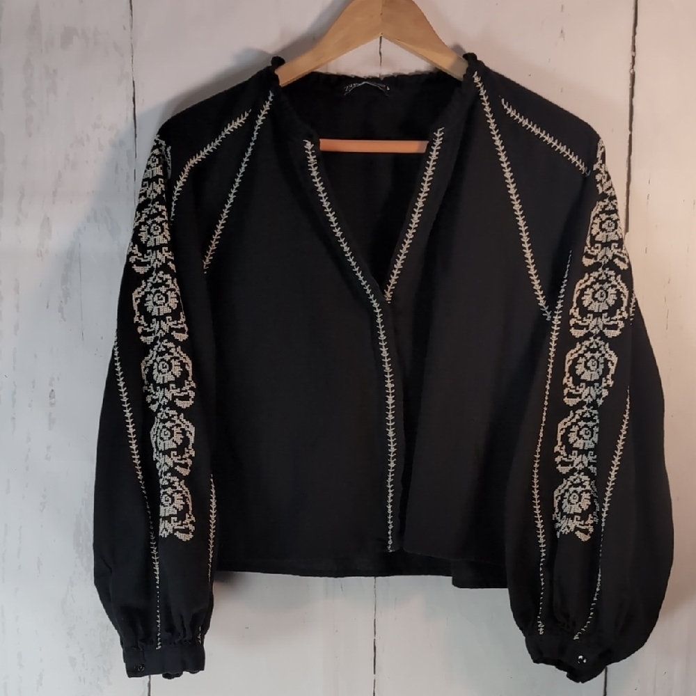 Zara Black Blouse with Cream Embroidered Sleeves